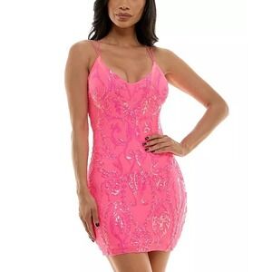 NWT B. Darlin Neon Pink Sequin Strappy Back Mini Dress Sz XXL Prom Hoco‎ Club